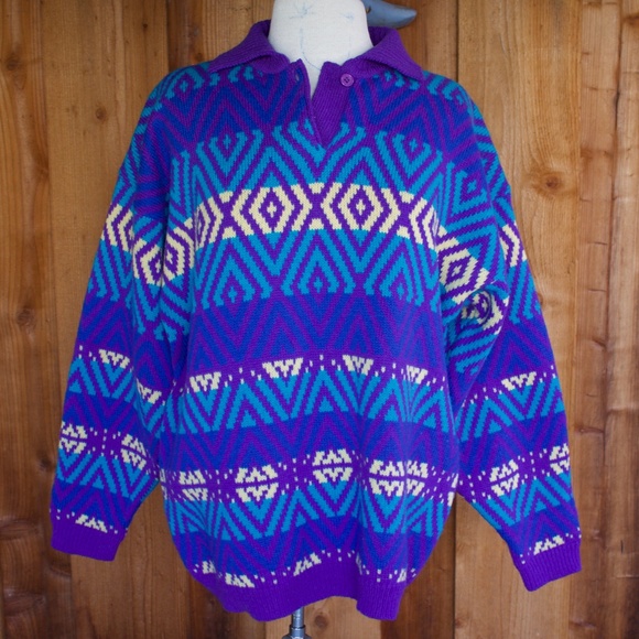 Vintage 80's Brass Plum Nordstrom 100% Wool Knitted Neon Diamond Sweater Size L - Picture 1 of 15